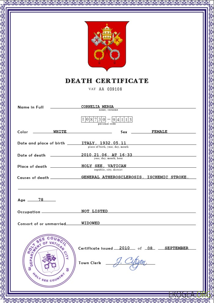 Modèle PSD de certificat de décès d'état civil du Saint Siège